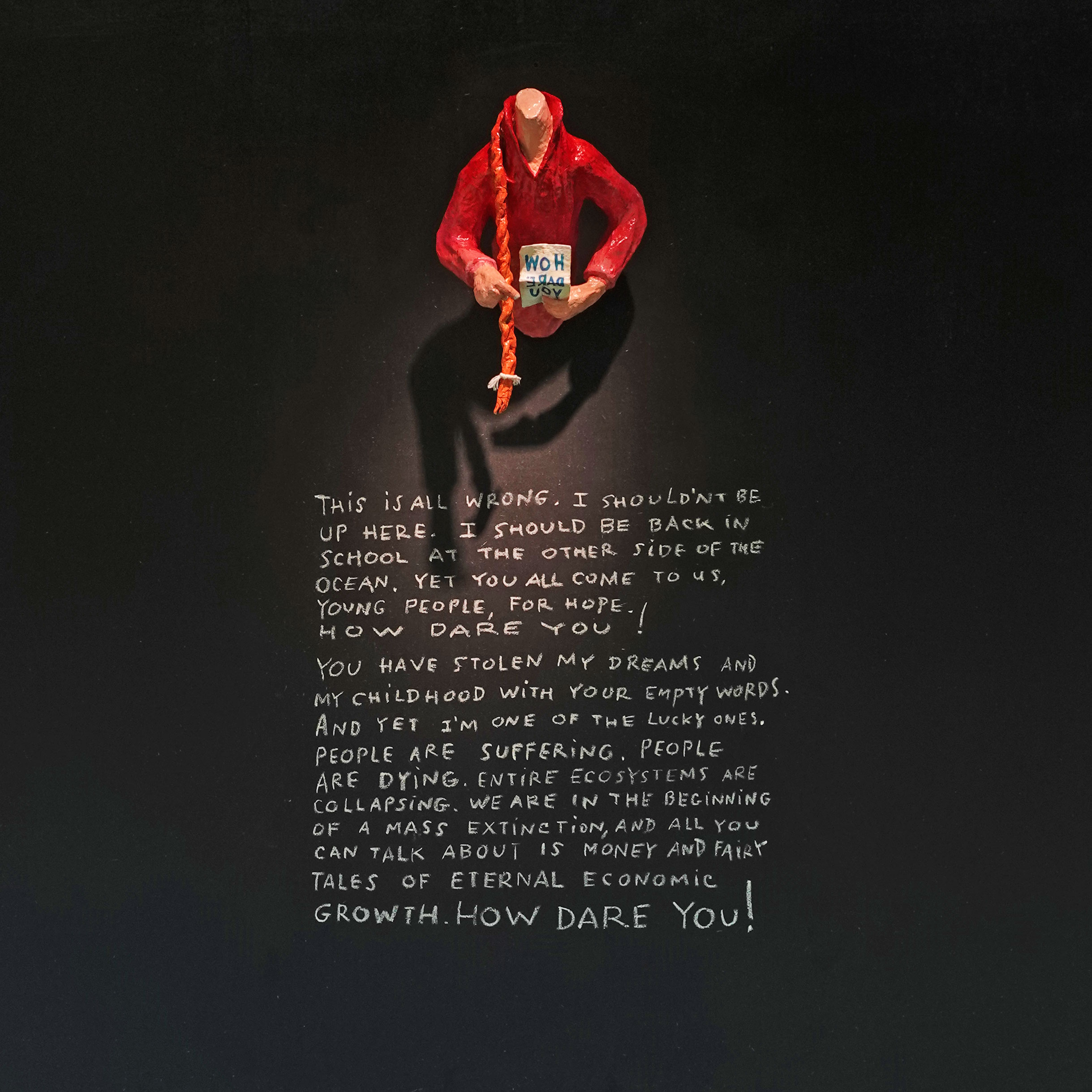 Torso of Greta Tunberg at the UN climate summit in NY 'how dare you' @expo Kunstroute-Leuven