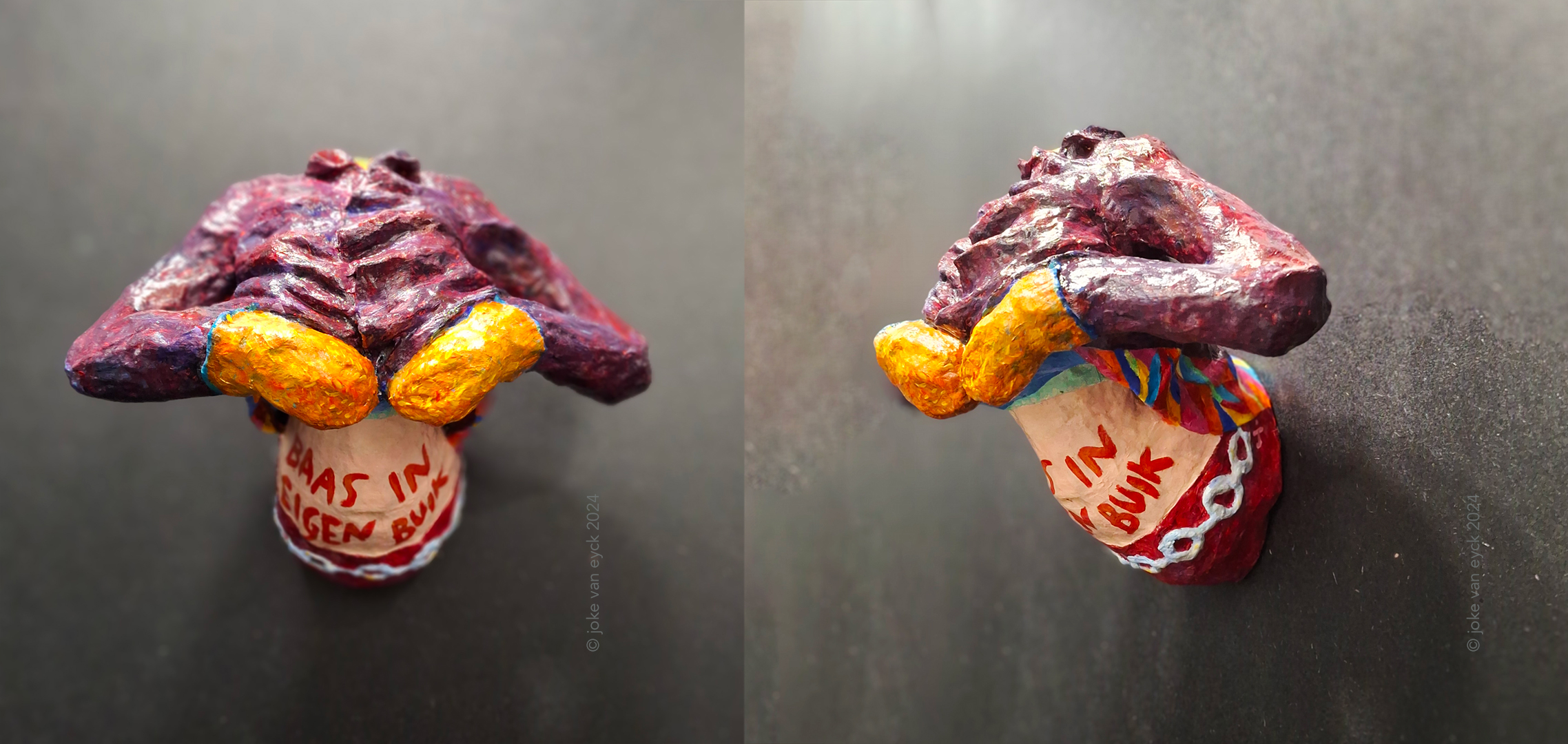 Painted Sculpture. Torso of woman showing her belly. written on her belly: 'baas in eigen buik', meaning 'my body , my choice'. Recycled paper pulp, painted. Artwork by ©joke van eyck